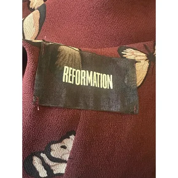 Reformation Johnson Dress Wrap Halter Tie Butterfly Print Burgundy Women's Large - Picture 12 of 15